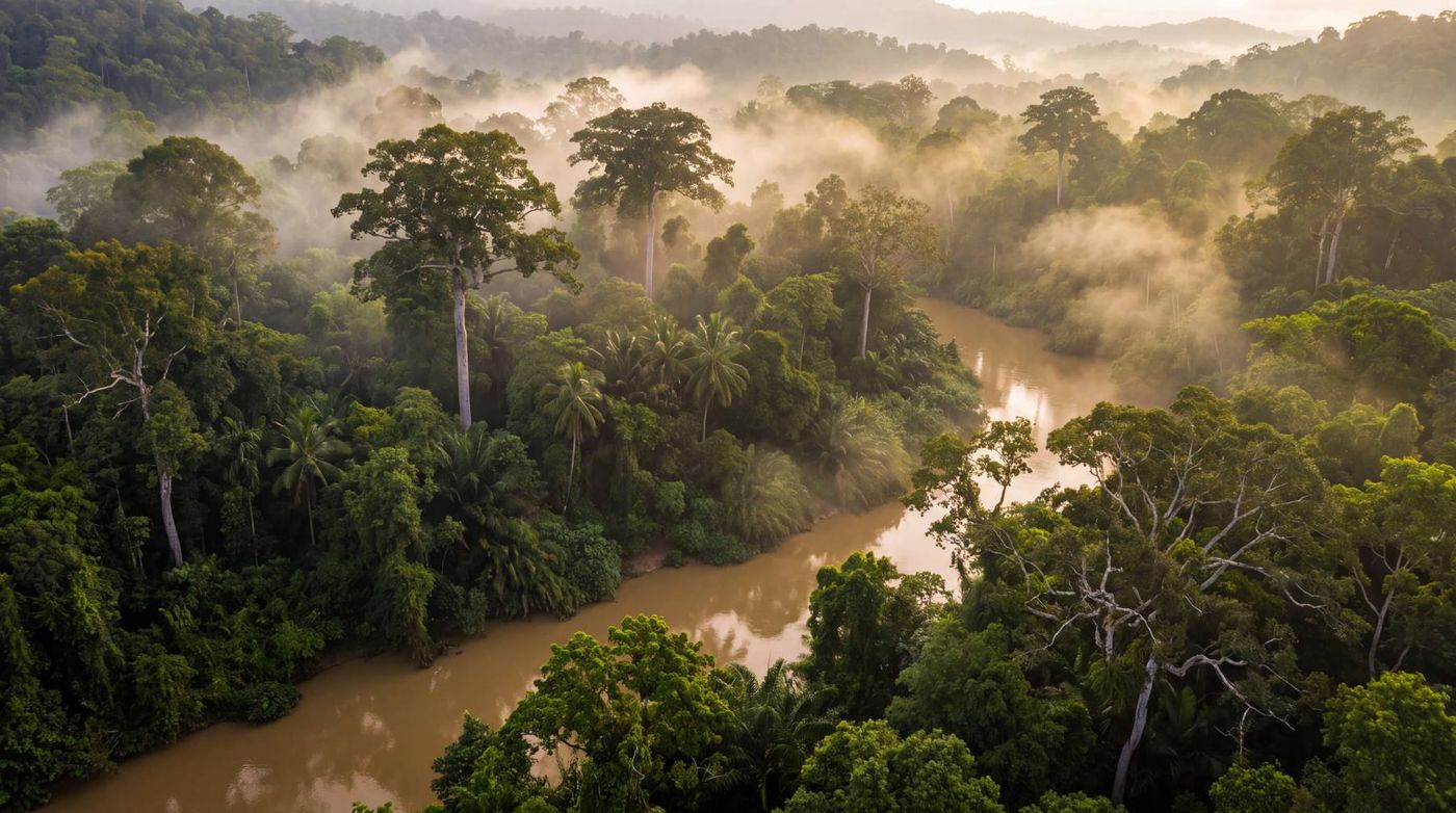 Sungai di hutan hujan dalam kabus pagi, Borneo